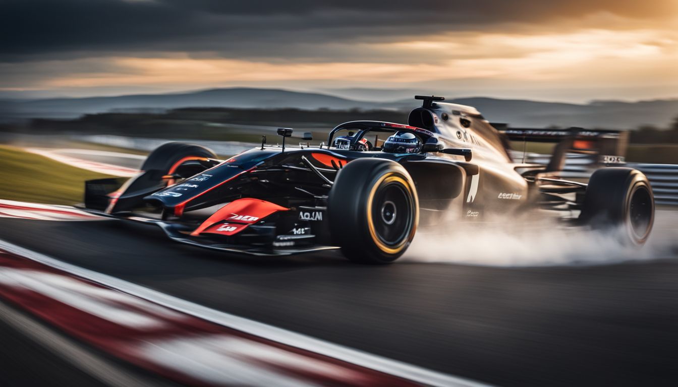 A photo of a racing car speeding through a Formula 1 track at sunset.