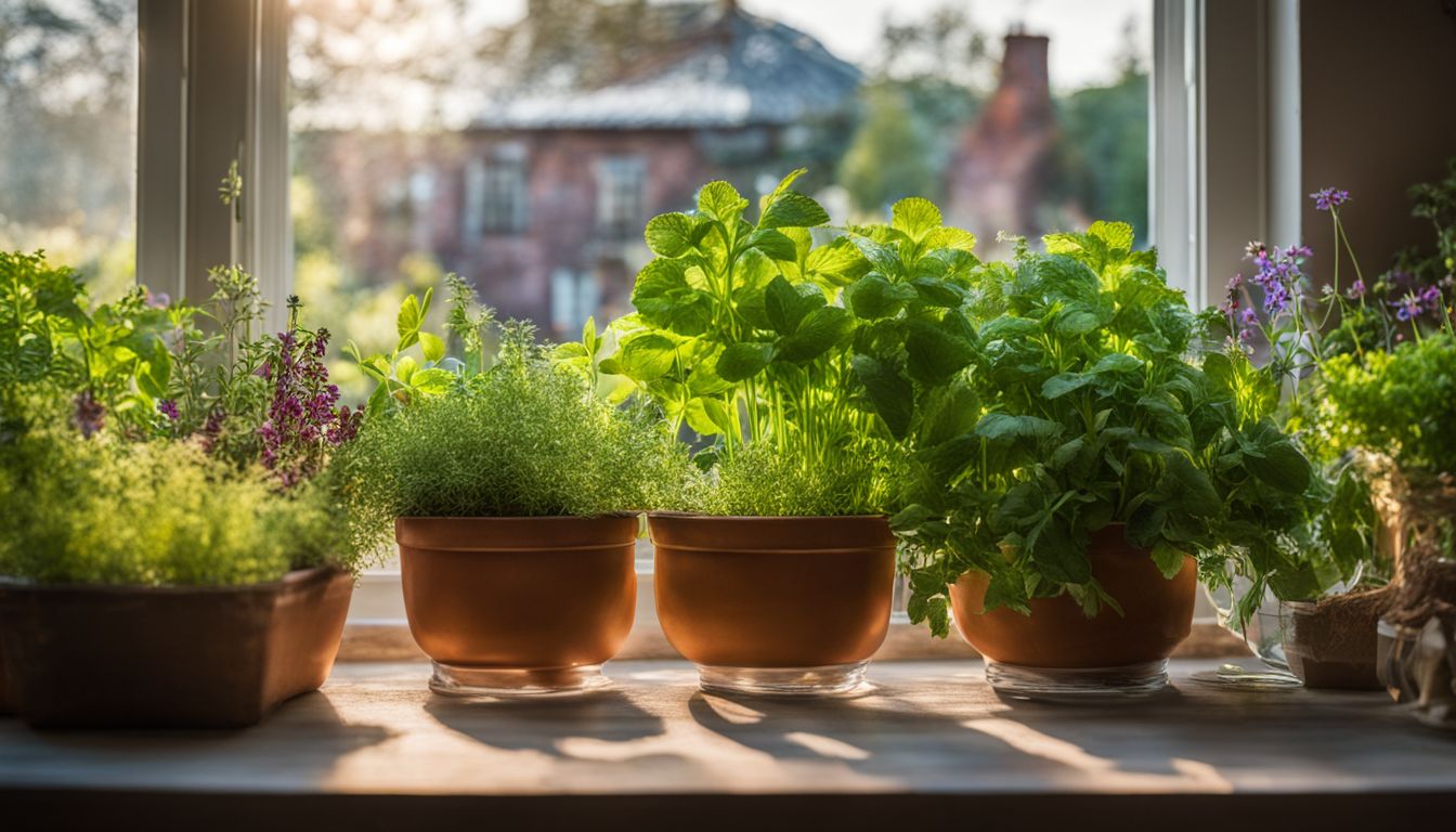 A vibrant herb garden in a bustling kitchen garden window.