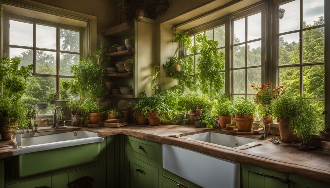 A photo of a vintage-style kitchen garden window with lush green plants.