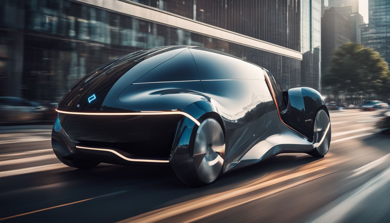 A futuristic electric car drives through a technologically advanced city.