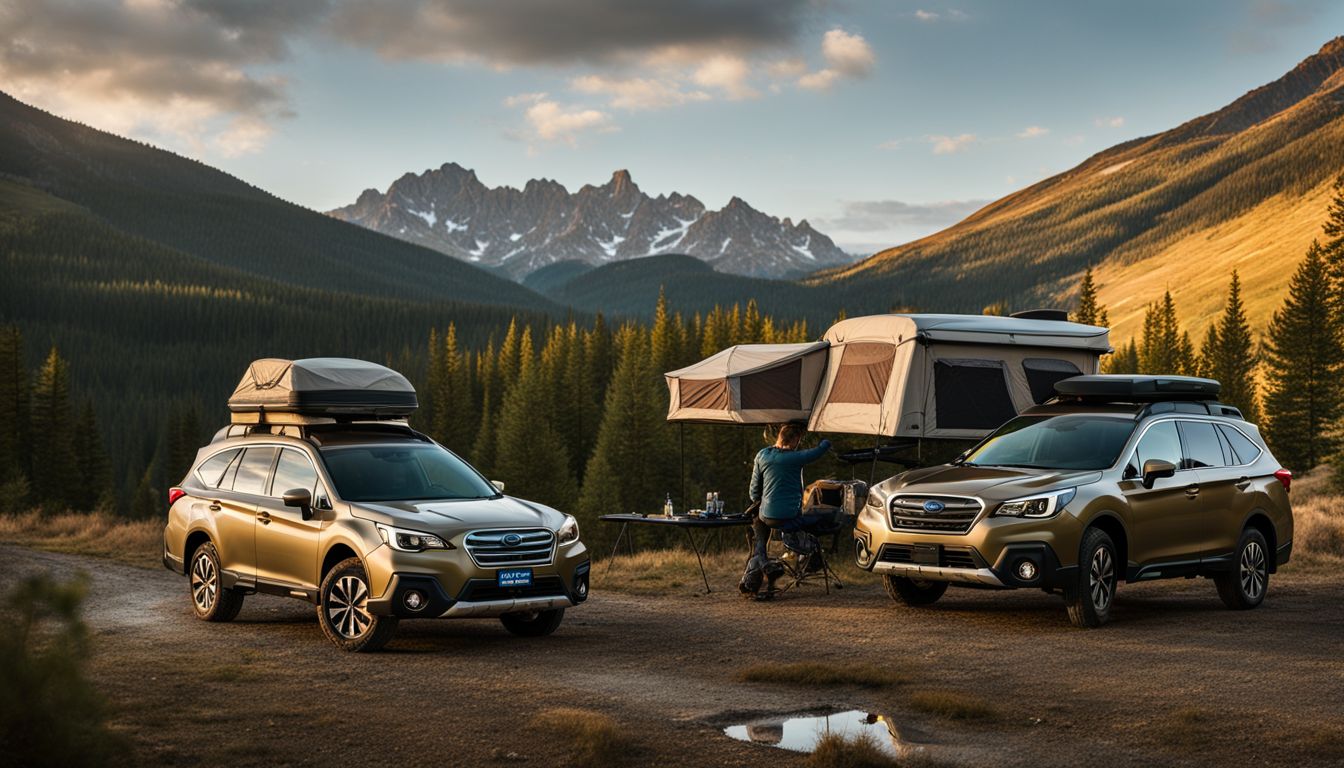 A Subaru Outback tows a camper in a scenic mountainous landscape.