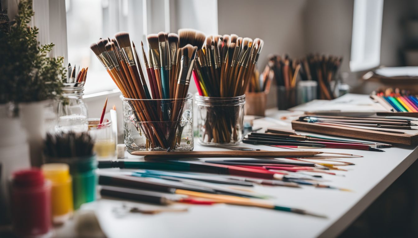 A vibrant display of colourful art supplies neatly arranged on a desk.