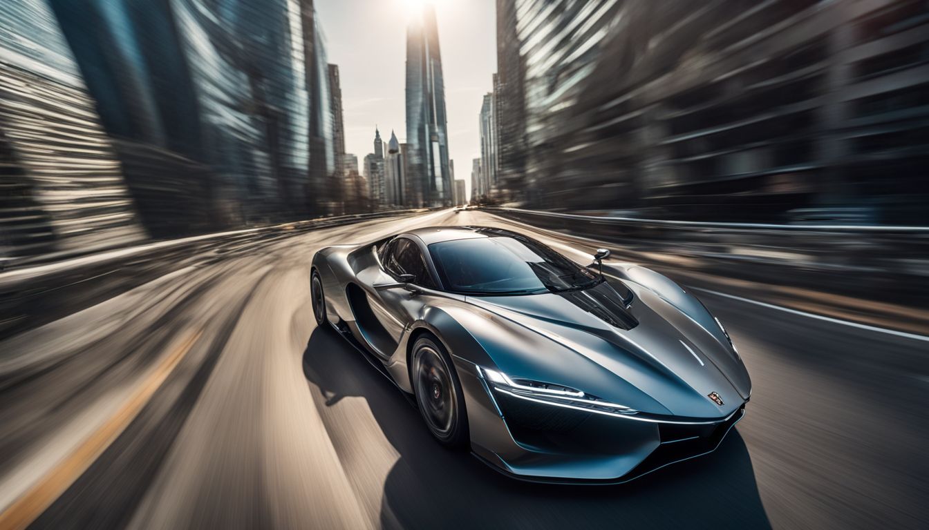 A futuristic cityscape with a sleek supercar racing through it.
