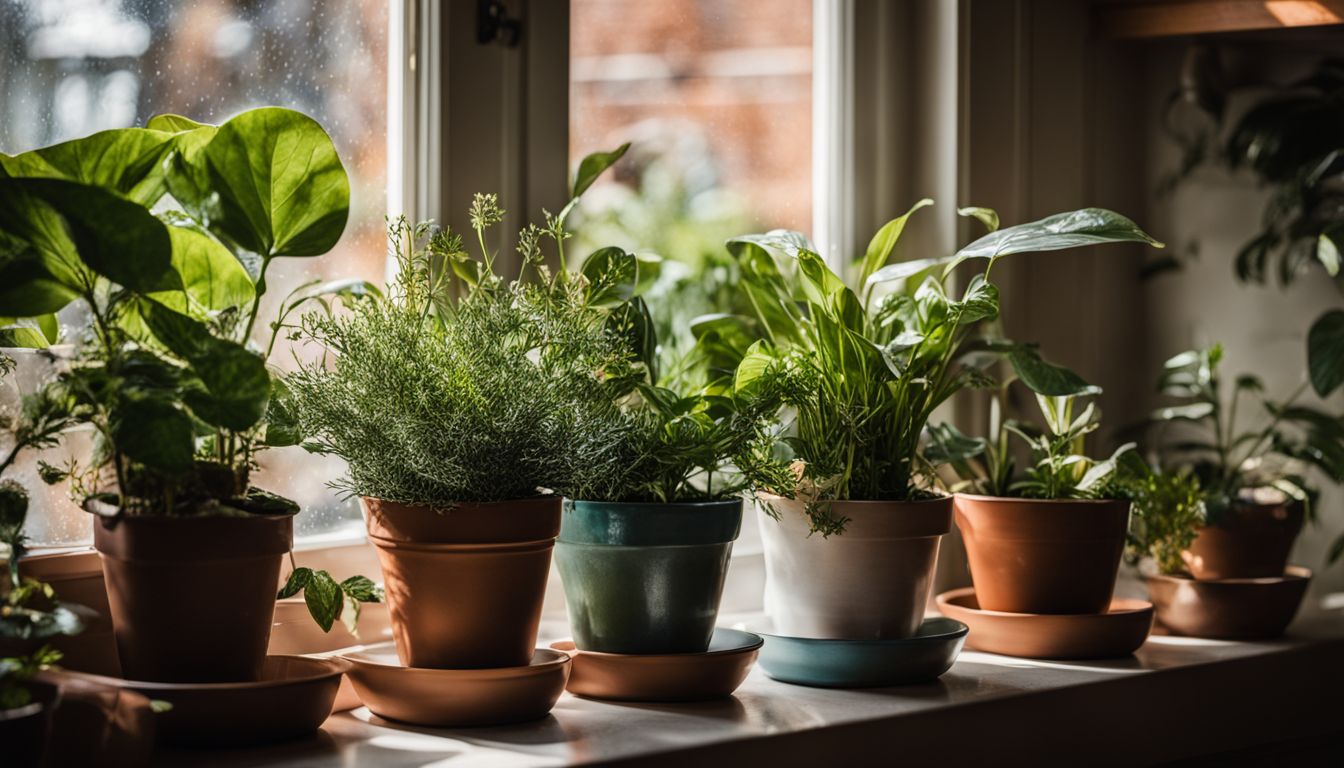 A variety of potted plants in a small kitchen window.