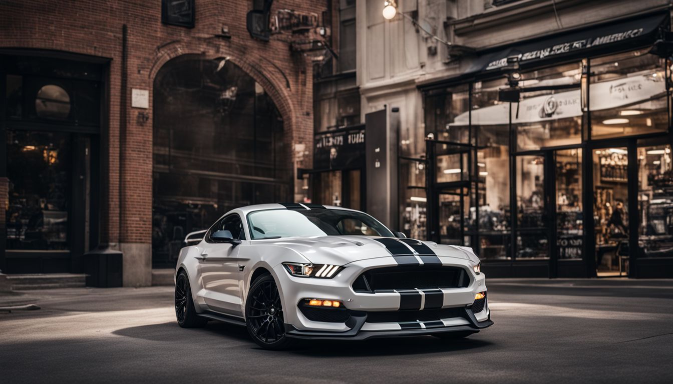 A Ford Mustang GT350 parked in front of the Shelby American shop.