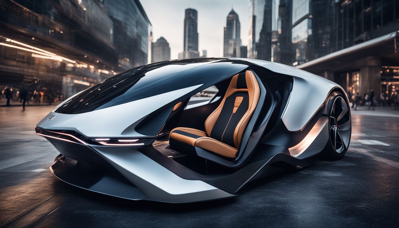 A futuristic concept car in a high-tech cityscape.