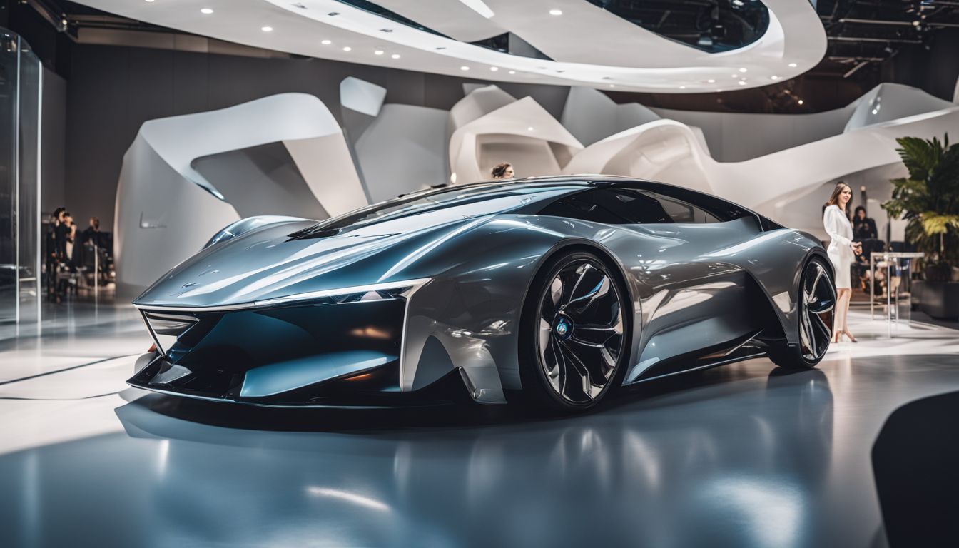 A futuristic concept car on display in a high-tech showroom.