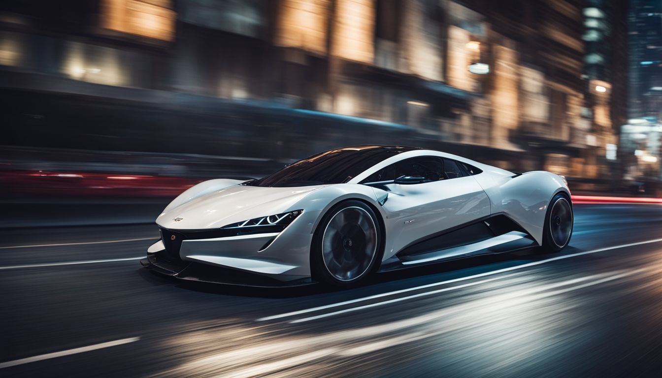 A futuristic hybrid sports car speeding through a bustling cityscape at night.