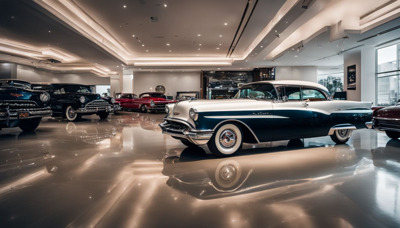 A vintage Oldsmobile car showcased in a grand showroom setting.