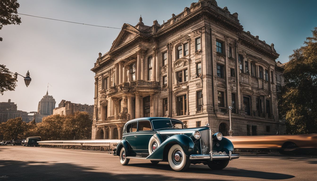 A vintage Packard car parked in front of a historic building.