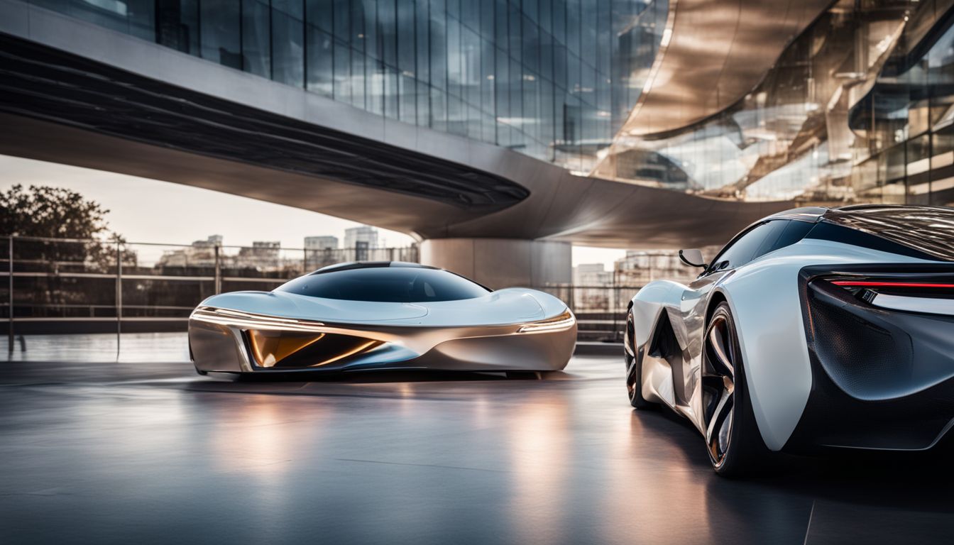 An abstract image of futuristic concept cars in a modern urban environment.
