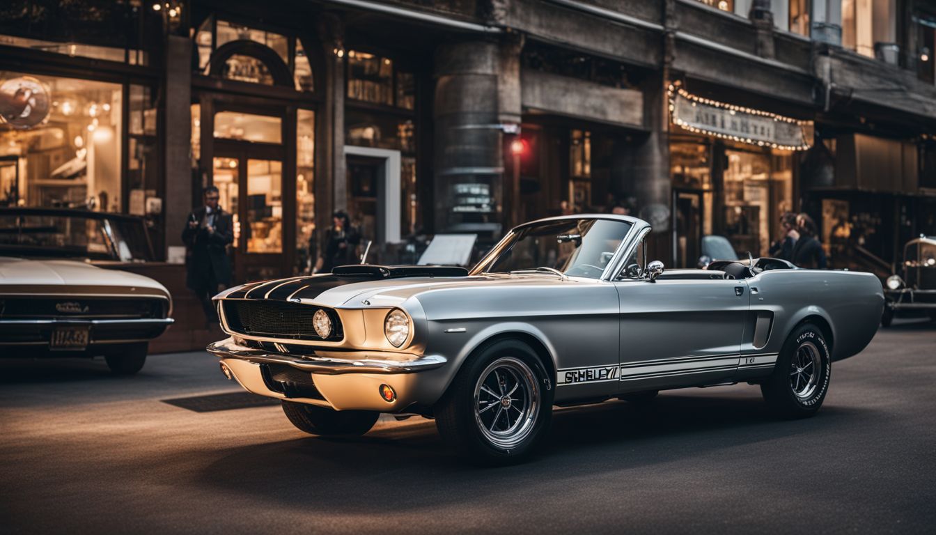 A classic Shelby Mustang parked in front of a vintage car showroom.
