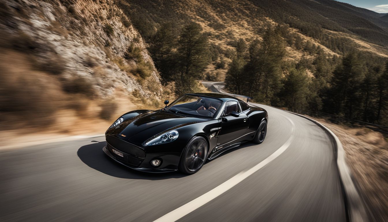 A black Spyker car speeds through a winding mountain road.