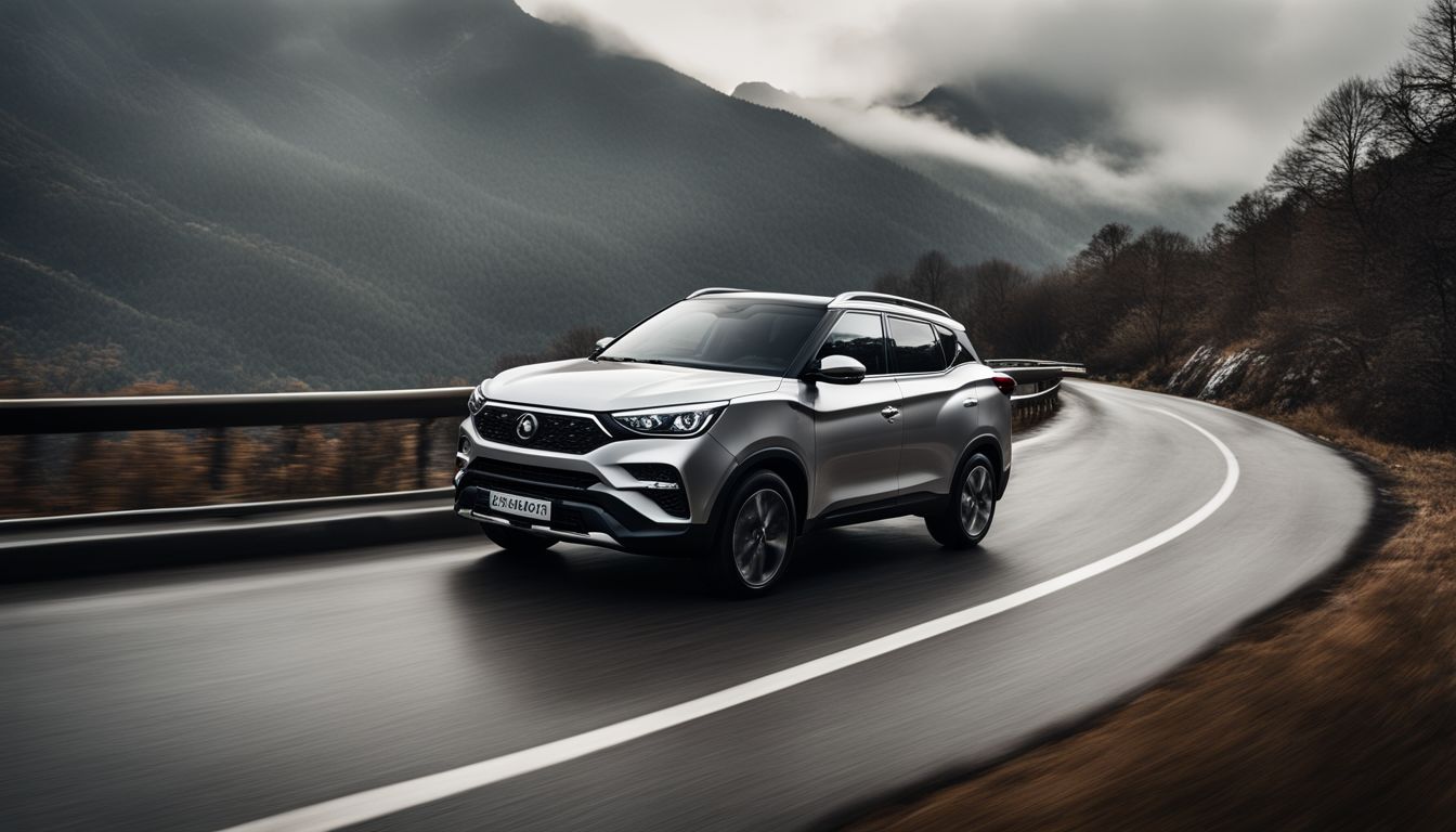 A sleek SsangYong SUV drives on a scenic mountain road.
