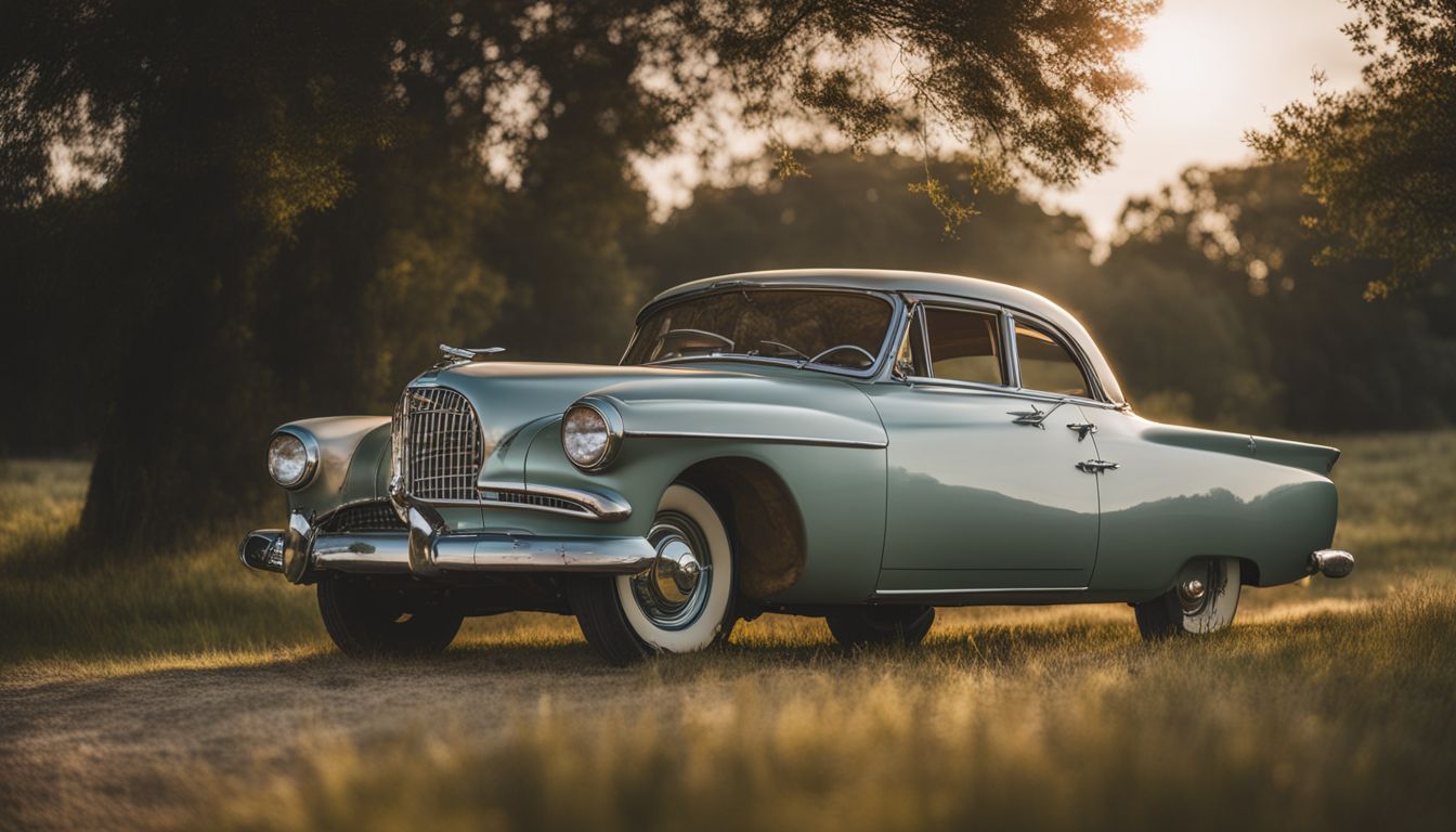 A vintage Studebaker car parked in a serene countryside setting.