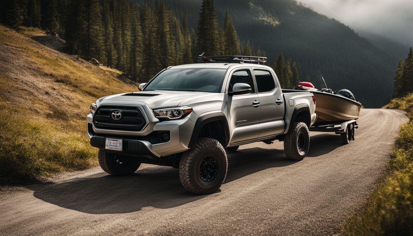 A Toyota Tacoma towing a boat on a scenic mountain road.