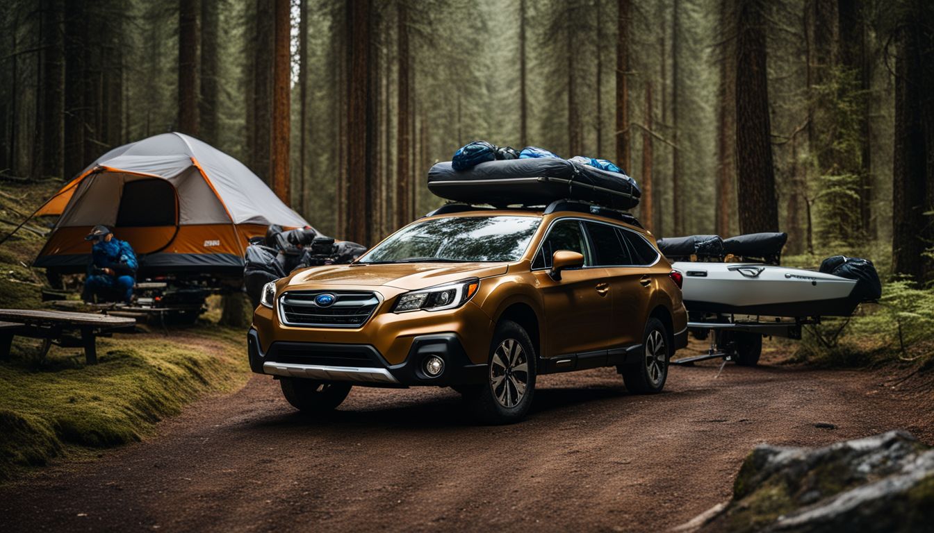 A Subaru Outback towing a trailer filled with outdoor adventure gear.