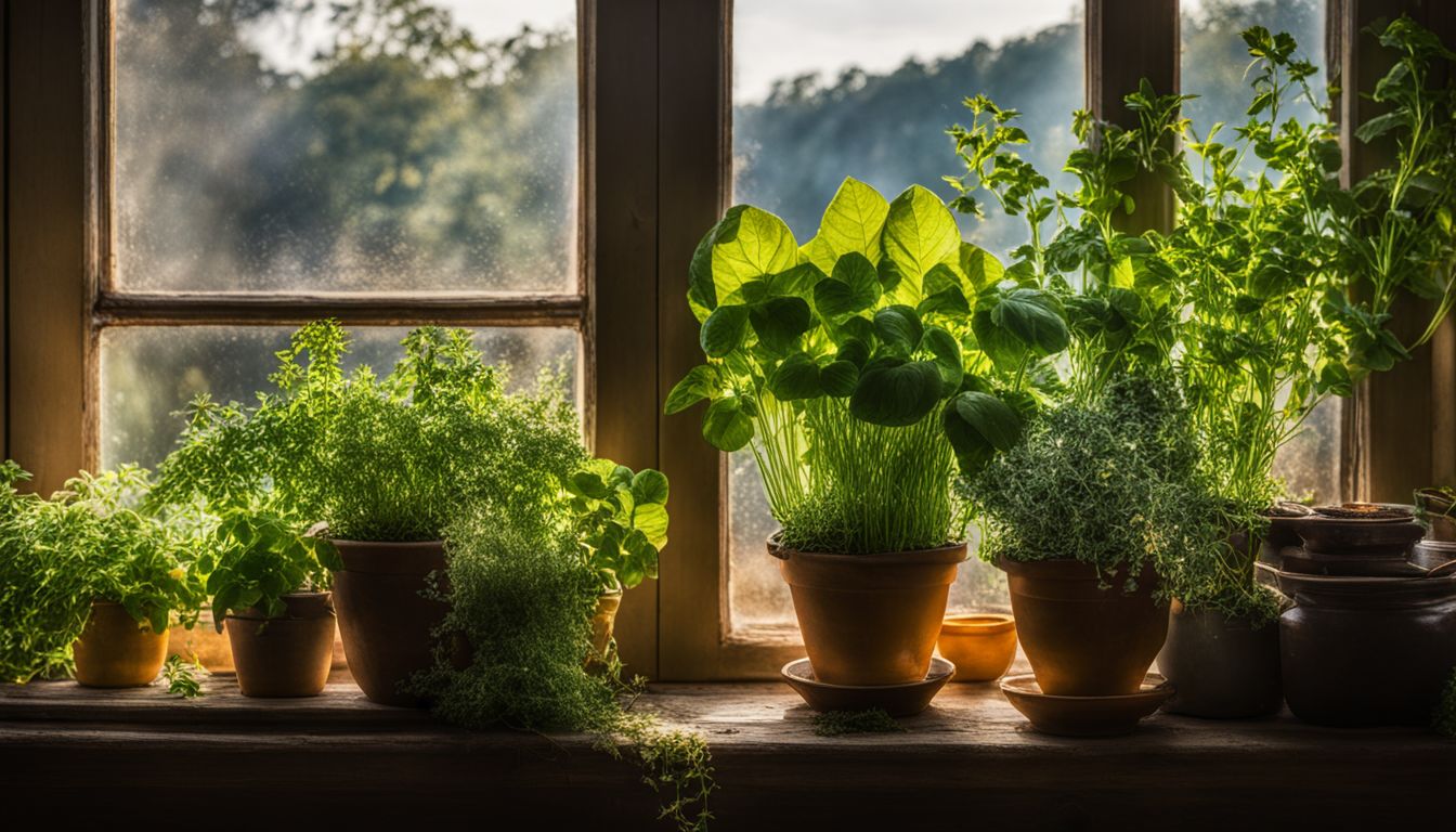 A photo of a kitchen garden with various herbs growing indoors.