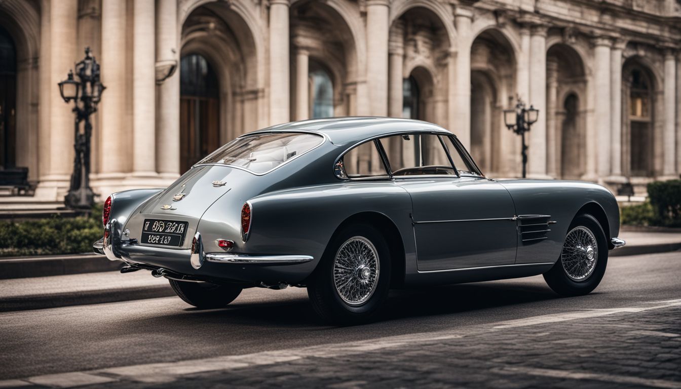 A vintage Touring Superleggera car parked in a grand architectural setting.