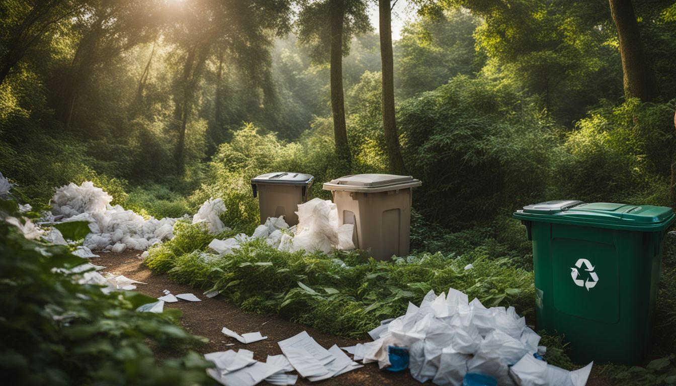 A photo of recycling bins surrounded by green plants.