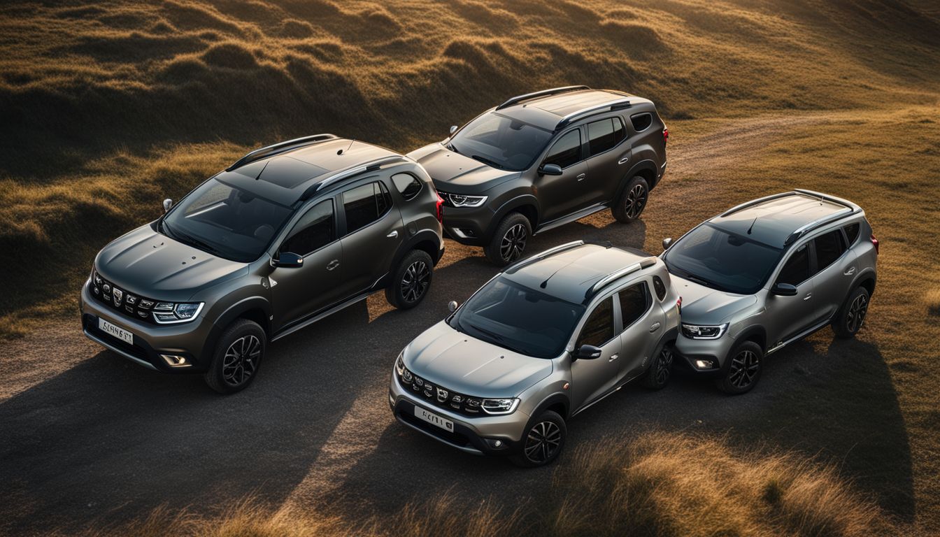 A stunning aerial shot of Dacia models in a natural landscape.