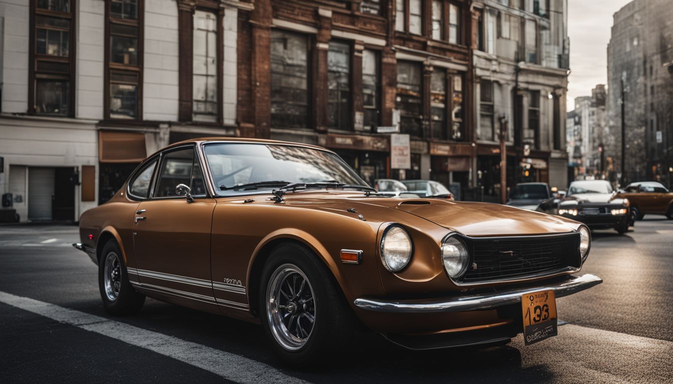 A vintage Datsun car parked in a bustling urban setting.