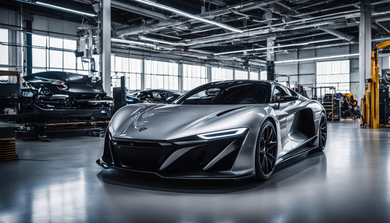 A close-up shot of the Czinger 21C supercar in a futuristic automotive production facility.
