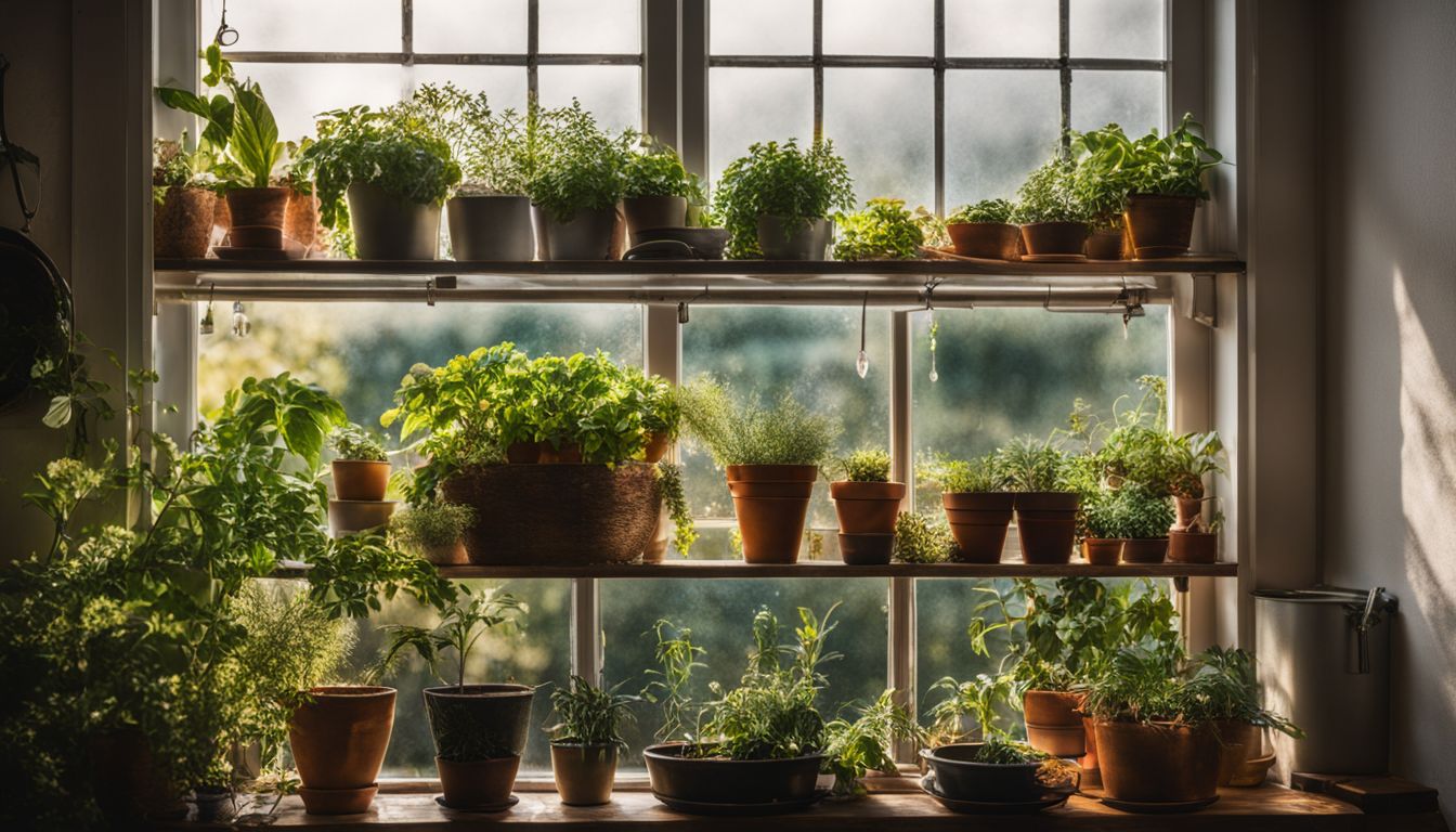 A kitchen garden window filled with a variety of potted plants.