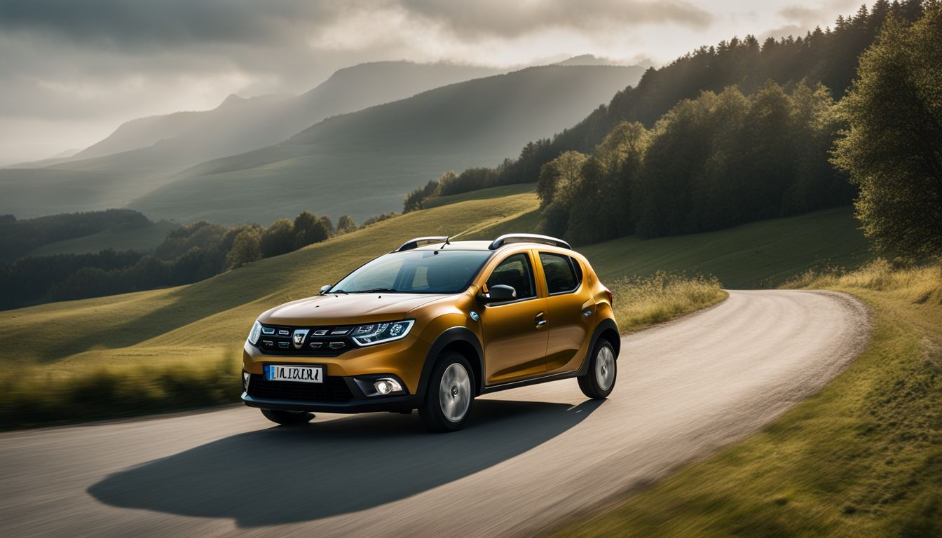 A Dacia Sandero driving through a scenic countryside with a bustling atmosphere.