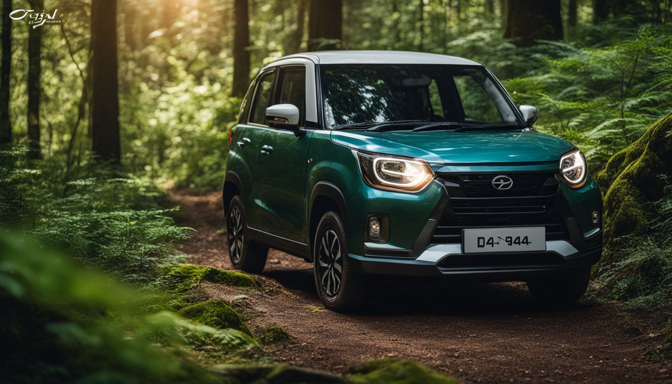 An electric Daihatsu vehicle parked in a lush forest setting.