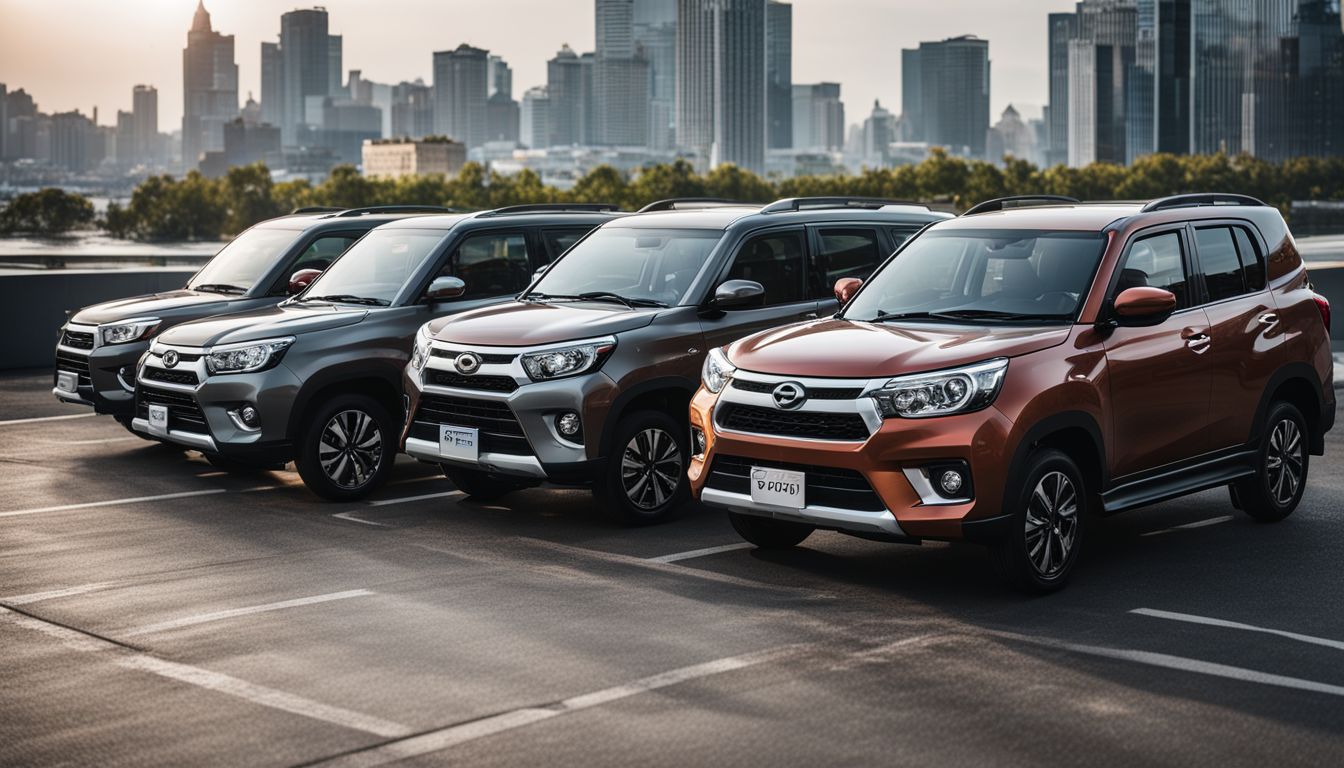 A lineup of shiny Daihatsu vehicles parked in front of a modern city skyline.