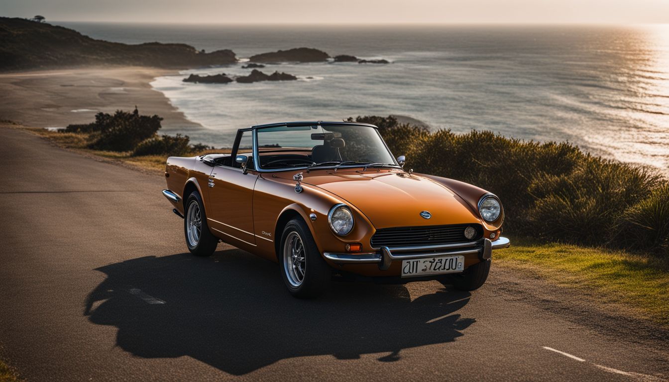 A Datsun Fairlady 1500-2000 Roadster parked on a coastal road at sunset.
