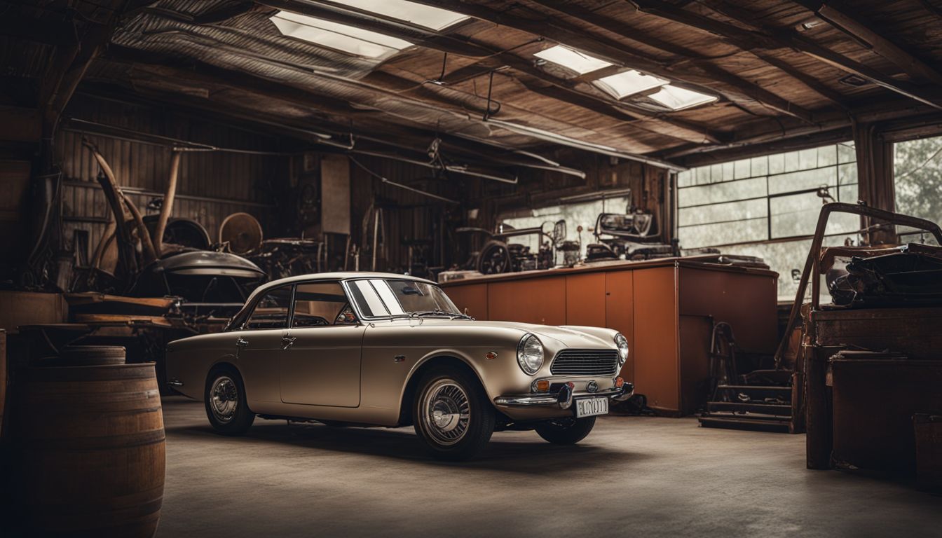 An antique Datsun 11 Phaeton parked in a vintage garage.