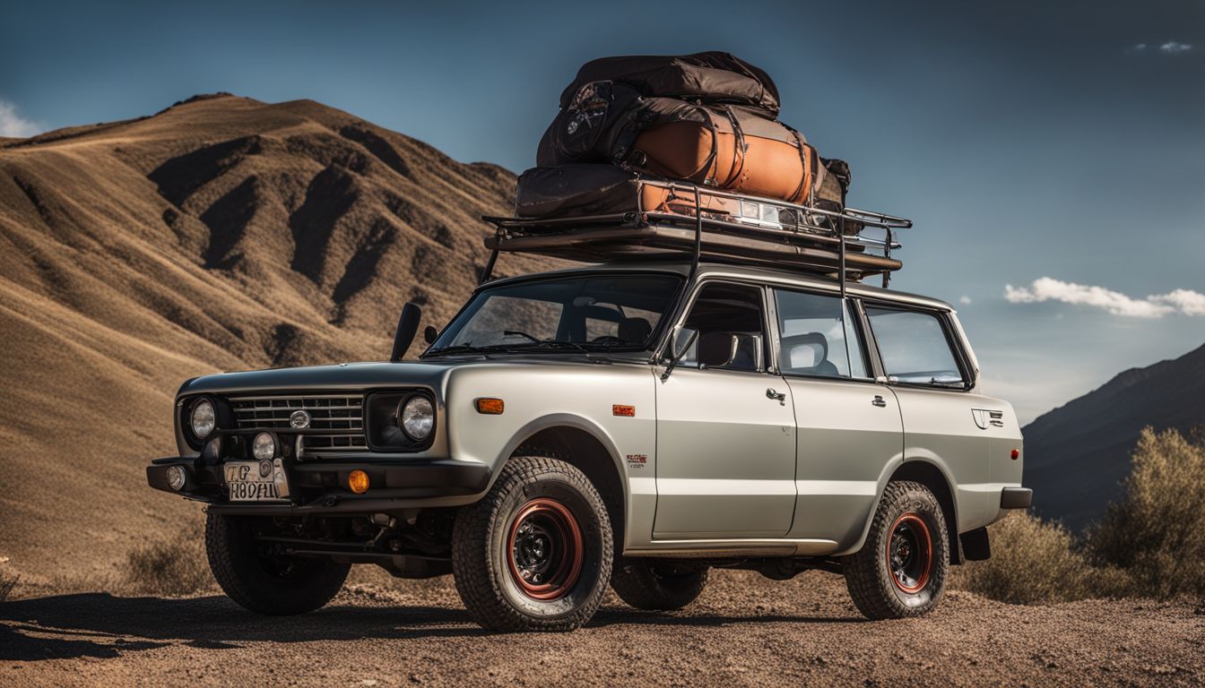 A vintage Datsun Patrol parked in front of a rugged mountain landscape.