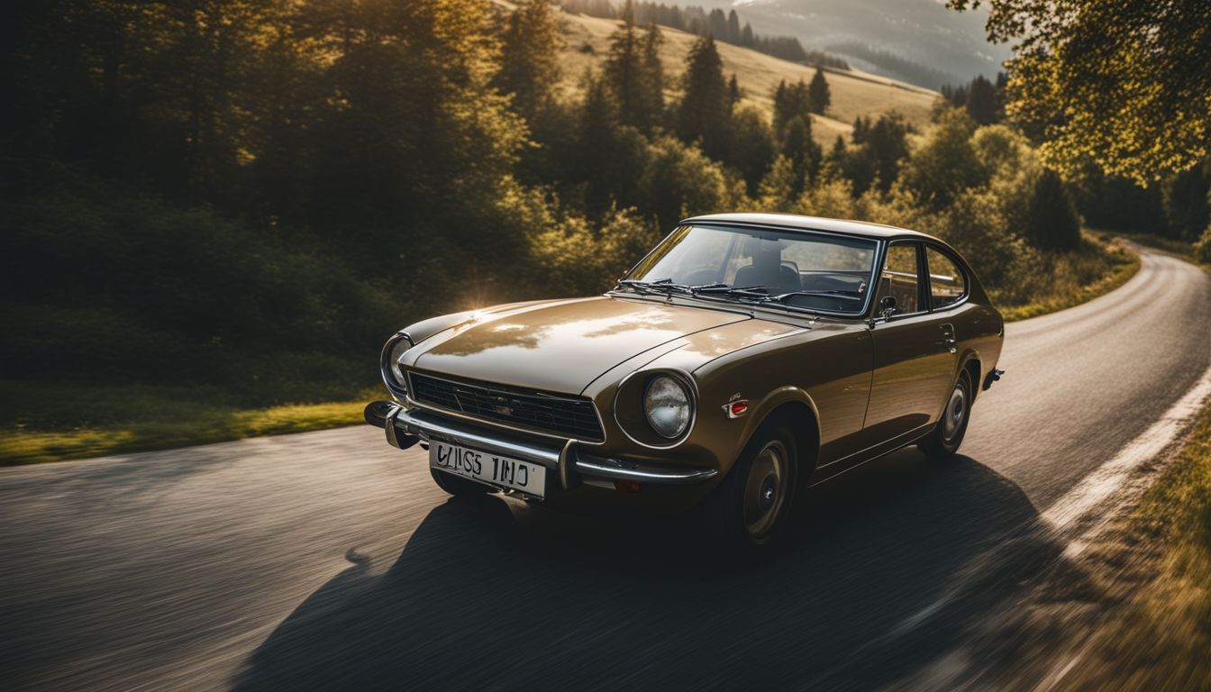 A vintage Datsun car drives through the picturesque European countryside.
