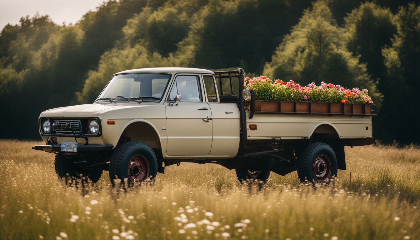 A vintage Datsun truck parked in a sunlit countryside field surrounded by vibrant flowers.
