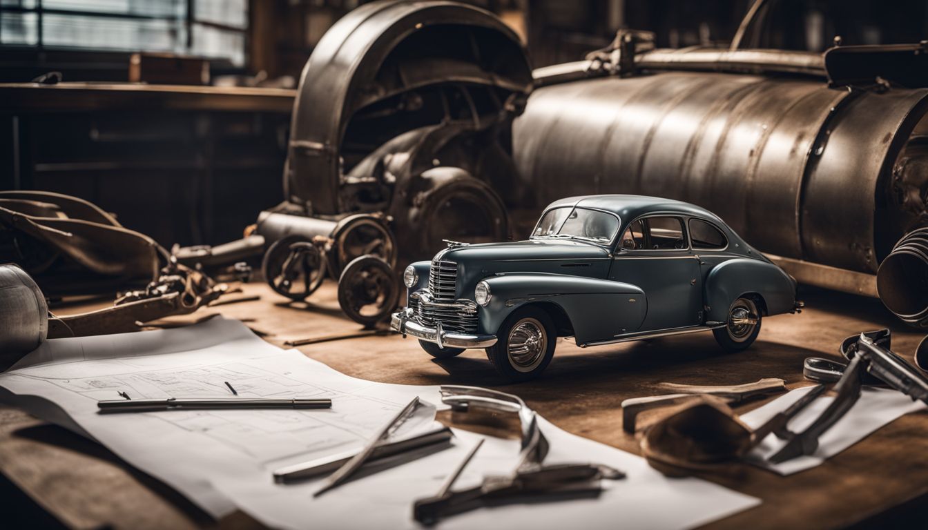 A vintage car frame surrounded by tools and blueprints in a bustling atmosphere.