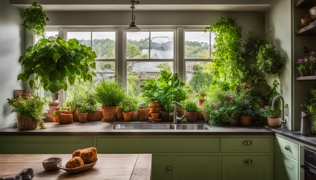 A kitchen garden window filled with vibrant plants and flowers.