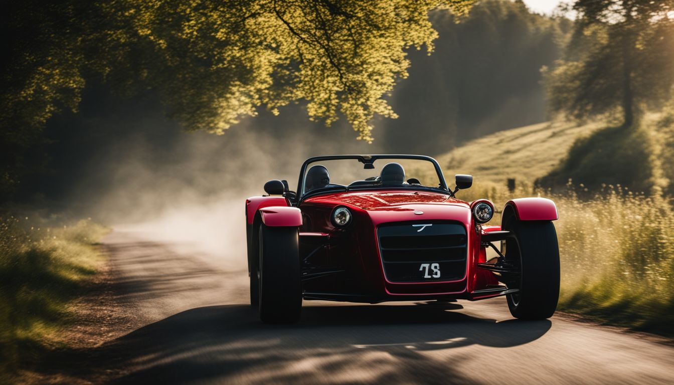 An elegant red Donkervoort sports car races through a picturesque European countryside.