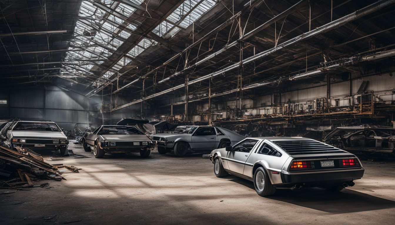 An abandoned car factory with deserted DeLorean cars.