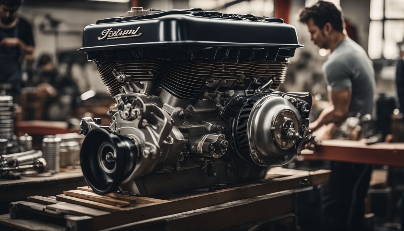 A vintage car engine being assembled in a bustling workshop environment.