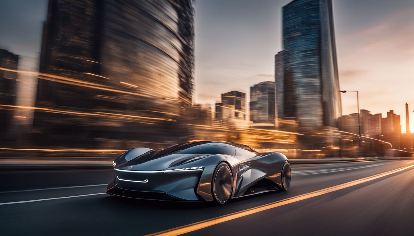 A futuristic electric car speeds through a bustling city at sunset.
