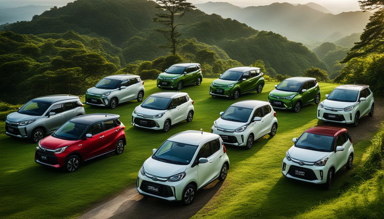 A fleet of eco-friendly Daihatsu electric and hybrid cars driving through lush green landscape.