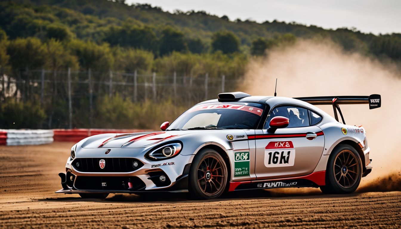 Summary: The Abarth 124 R-GT racing car skids on a dirt track.