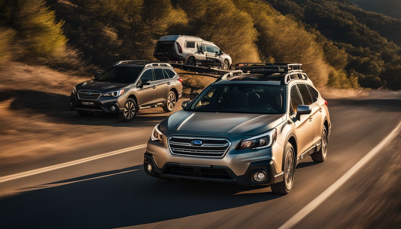 A Subaru Outback towing a trailer on a scenic mountain road.
