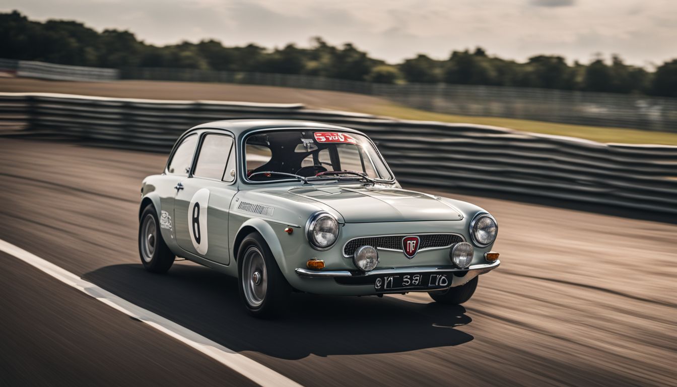 A vintage Fiat car races on a track in a bustling atmosphere.