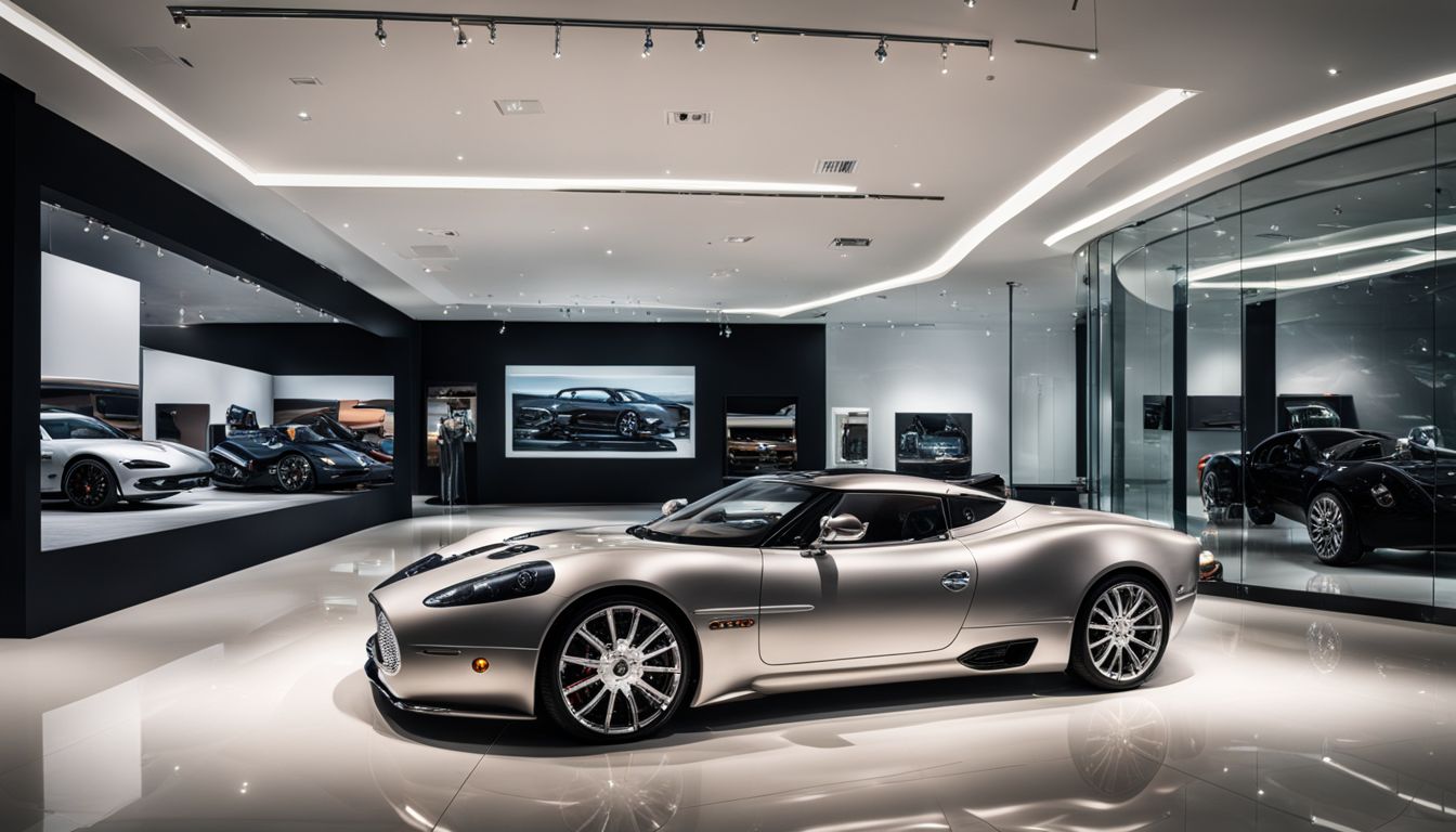 A modern car showroom with a display of sleek Spyker vehicles.