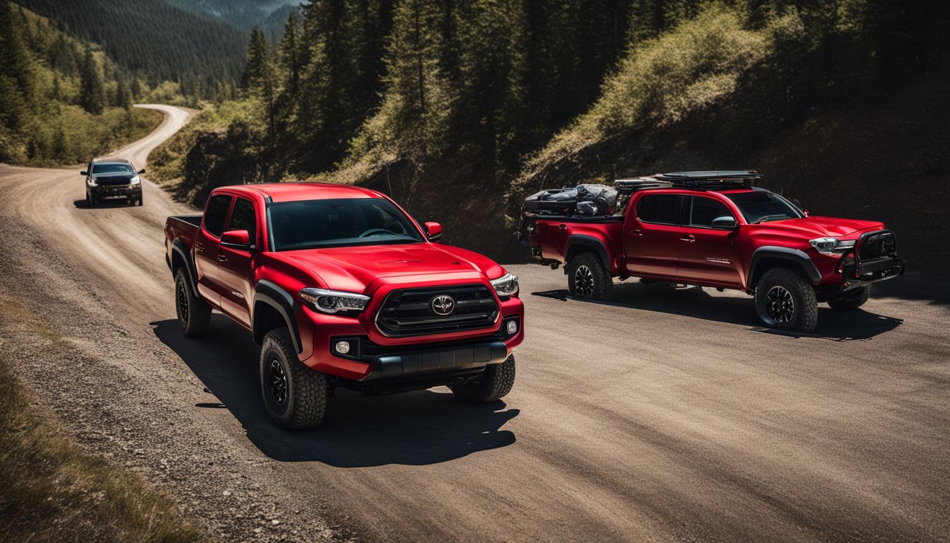 A red Toyota Tacoma towing a trailer on a mountain road.