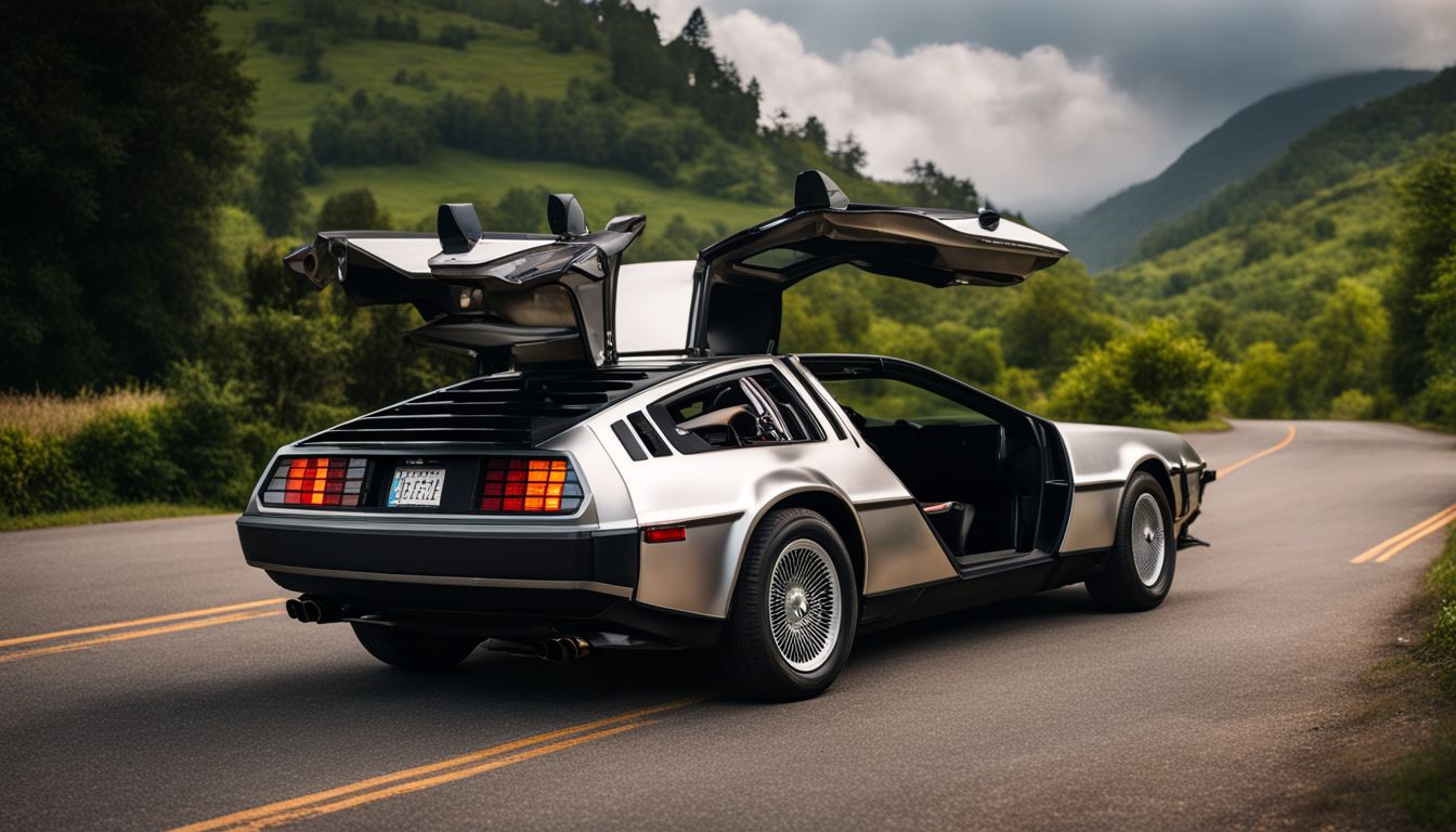 A photograph of a DeLorean DMC-12 parked on a scenic road surrounded by nature.