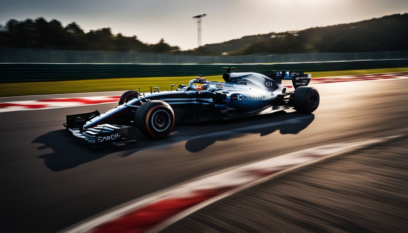 A Formula One car races through a track capturing speed and power.